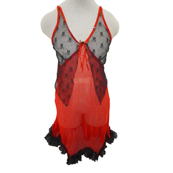 Yandy Red & Black Sheer Skull Lace Slip Dress L/XL – Gothic Punk Mesh Babydoll - Picture 9 of 11